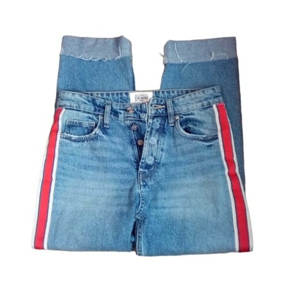 ZARA Authentic Denim by TRF Red Stripe Hi-Rise Straight Leg Jeans Size 02